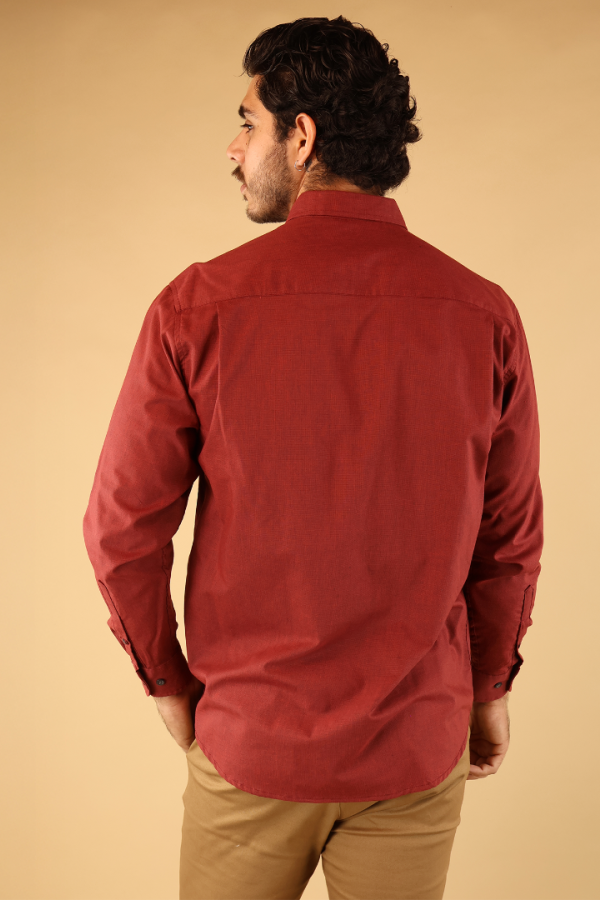 Camisa Manga Larga Rojo Vino Corte Regular De Algodón Elegante Para Caballero